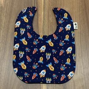 Meal sized bib with space rockets on it