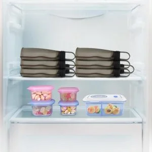 Haakaa silicone milk storage bags lying horizontal in fridge