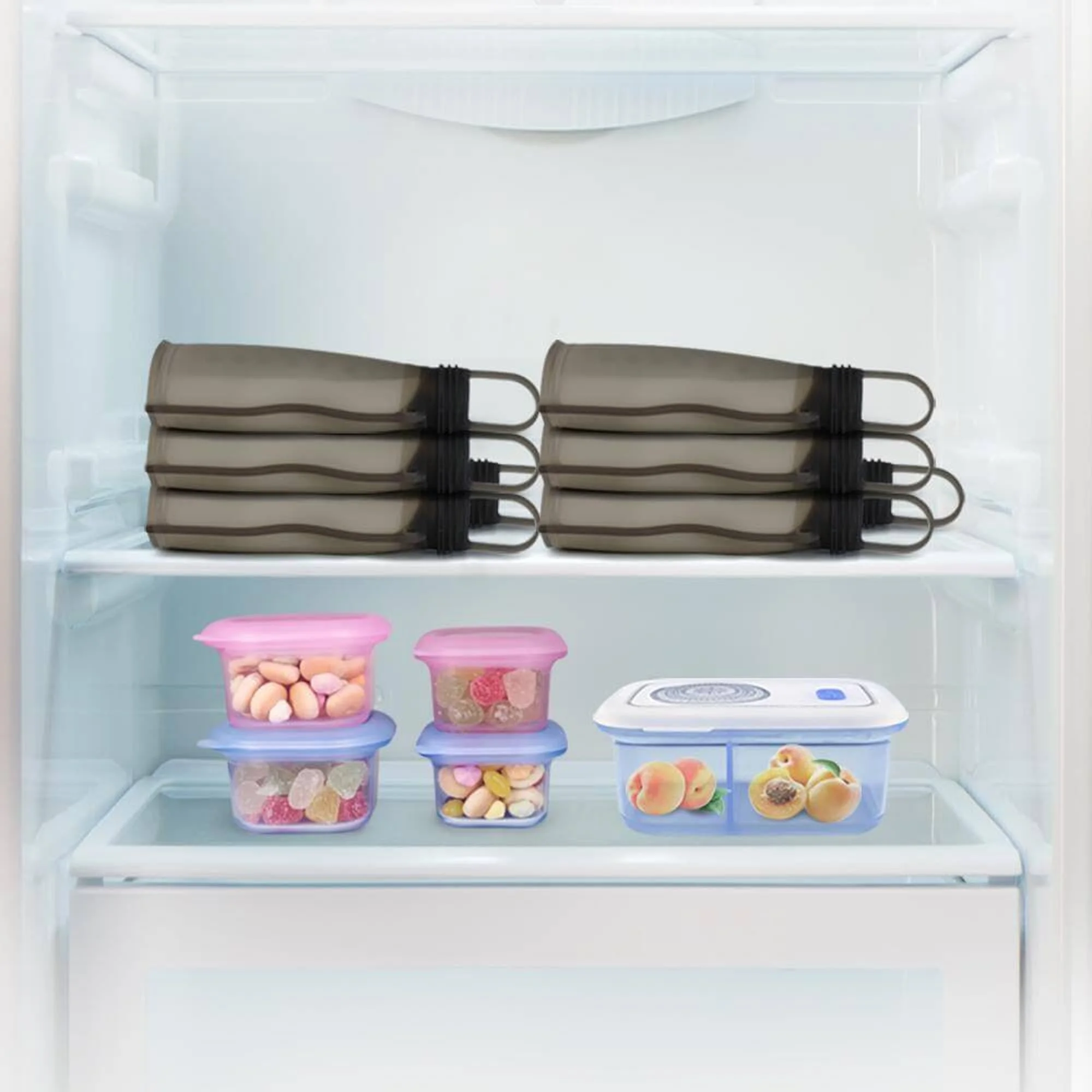 Haakaa silicone milk storage bags lying horizontal in fridge